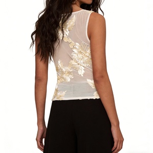 Top Corto sin Mangas para Mujer, con Malla Transparente y Bordado Floral 3D, Elegante y Romántico - Product Image 5