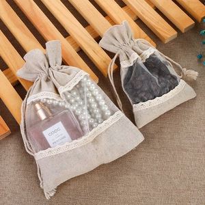 Sac classique en coton et lin avec fenêtre en organza 10x14cm, pochette en coton et jute avec dentelle, joli sac cadeau pour les faveurs de fête - Product Image 3