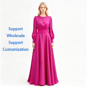 <span class=keywords><strong>Robe</strong></span> de soirée modeste en satin fuchsia à col rond, manches longues bouffantes, ceinture à nouer, coupe trapèze, longueur ras du sol, pour <span class=keywords><strong>femme</strong></span>, sur mesure - Product Image 2
