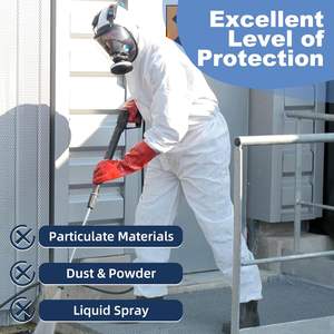 ชุดป้องกันสารเคมี ป้องกันไฟฟ้าสถิต กันน้ำ ระบายอากาศ แบบใช้แล้วทิ้ง ชุดคลุมอุตสาหกรรม ผ้า PP SMS ไมโครพอรัส สีขาว - Product Image 1