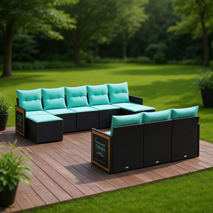Black Poly <b>Rattan</b> Patio <b>Sofa</b> Set With Cushions 10 Piece Outdoor Garden Furniture Contemporary Design - Product Image 2