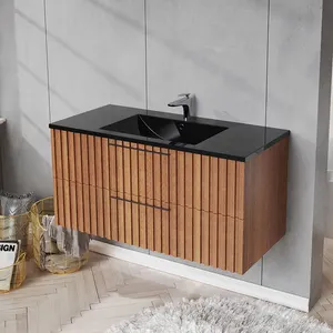 30 36 Inch Luxury Wooden Thin Real Wood Timber Bathroom Vanity Brown Bathroom Vanities Set with 2 Sink