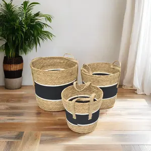 Cesta de tecelagem de grama de palha Cattail, cesta de rattan natural feita à mão para plantas com alças, atacado barato