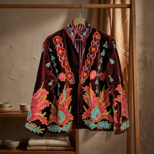 Chemisier élégant fait main pour femme en velours de coton tissé brodé floral, col mandarin, manches longues, écologique, chauffant, pour l'hiver et l'automne - Product Image 3