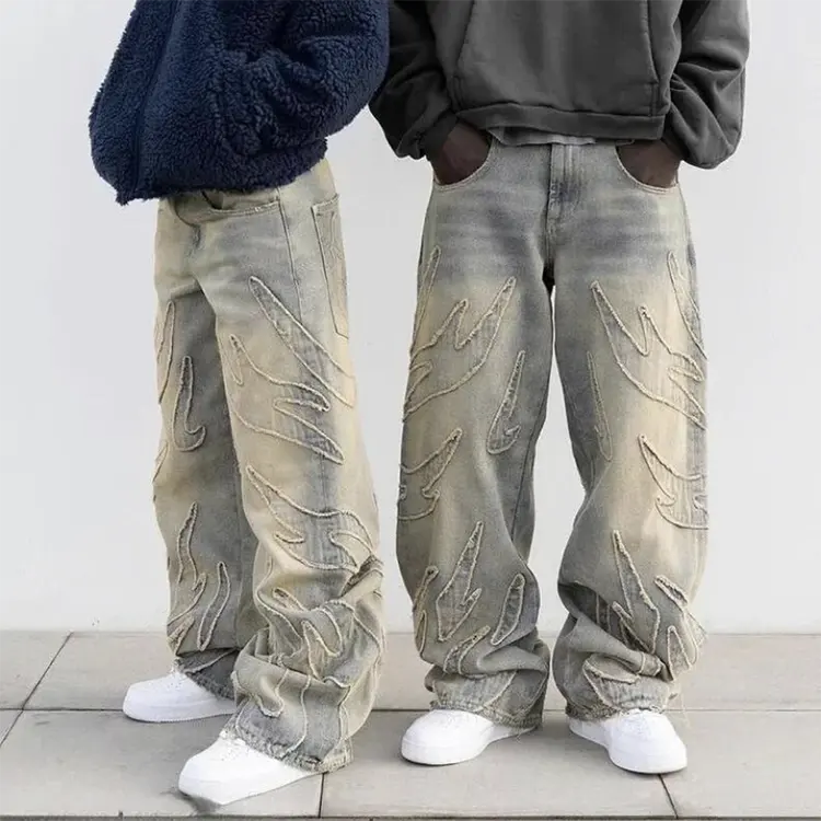 Individuelle Herren vintage gewaschene Stickerei beschädigt patch super baggy Denim patchwork Jeans Designs Mann