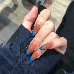 <span class=keywords><strong>Uñas</strong></span> postizas de estilo francés, diseño Simple, borde azul, decoración de manicura de longitud media, <span class=keywords><strong>uñas</strong></span> artificiales acrílicas, baratas - Product Image 1