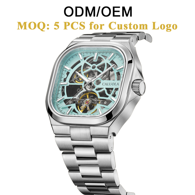 ODM/OEM Caluola Hollow Automatic Mechanical Watch Square Sapphire Crystal Analog Stainless Steel Strap 22mm 5ATM Charm