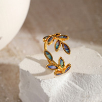 18K Vergoldeter Edelstahl Abalone-Muschel Blatt Offener Ring Natürliche Muschel Verstellbarer Breiter Ring Damenschmuck
