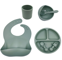 Ensemble d'ustensiles de repas pour tout-petits : bavoirs, bols, assiettes compartimentées, tasses, fourchettes, cuillères en silicone de qualité alimentaire, compatibles micro-ondes et lave-vaisselle