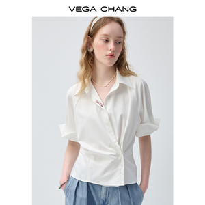 VEGA CHANG <span class=keywords><strong>Camicetta</strong></span> Bianca Stile Minimalista Chic <span class=keywords><strong>con</strong></span> Vita Intrecciata, Colletto a Risvolto e Manica <span class=keywords><strong>Corta</strong></span>, Top Casual all'Ingrosso - Product Image 2