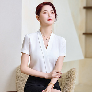Women's Professional <b>Wrap</b> Shirt Short Sleeve <b>White</b> Anti-Wrinkle Work Blouse OL Formal Top - Product Image 3