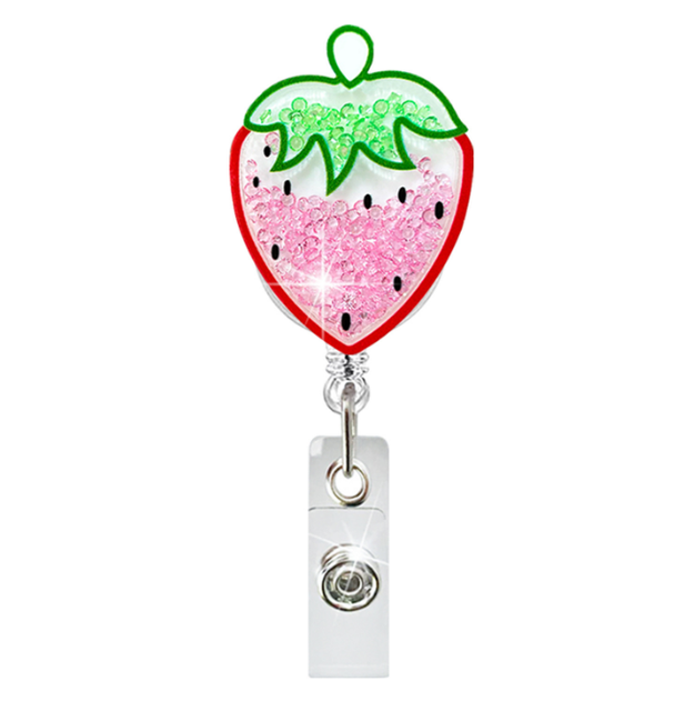 Fruit Acrylic Badge Reel Strawberry Fruit Quicksand  Shaken Creative Badge Reels Retractable Doctor and Nurse Badge Reels
