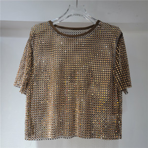 Luxury <strong>Sequin</strong> Embroidery <strong>Mesh</strong> See Through Shirt Women Sexy Bead Lace Short <strong>Tops</strong> - Product Image 4