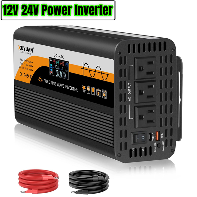Pure Sine Wave Power Inverter 12V/24V Auto Detect, 50Hz/60Hz Switchable with LCD Display, Type-C Fast Charging Silent Design