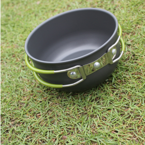 Bol et tasses portables en aluminium noir pour camping et pique-nique, mini-poêle à frire d'extérieur avec poignées pliables, emballées dans un sac en filet, multifonction - Product Image 1