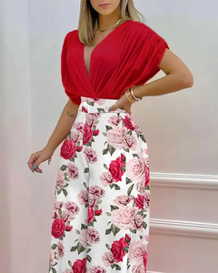 Verano estampado personalizado de talla grande con cuello en V mujeres traje Casual señoras Color sólido sin mangas obeso dos 2 piezas conjunto Mono para Wome - Product Image 4