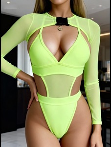 Nuovo Set Bikini Tre Pezzi Sexy in Chiffon Tinta Unita Stile Europeo Americano 2026 da Donna con Maniche Lunghe e Scollo a V Profondo - Product Image 2