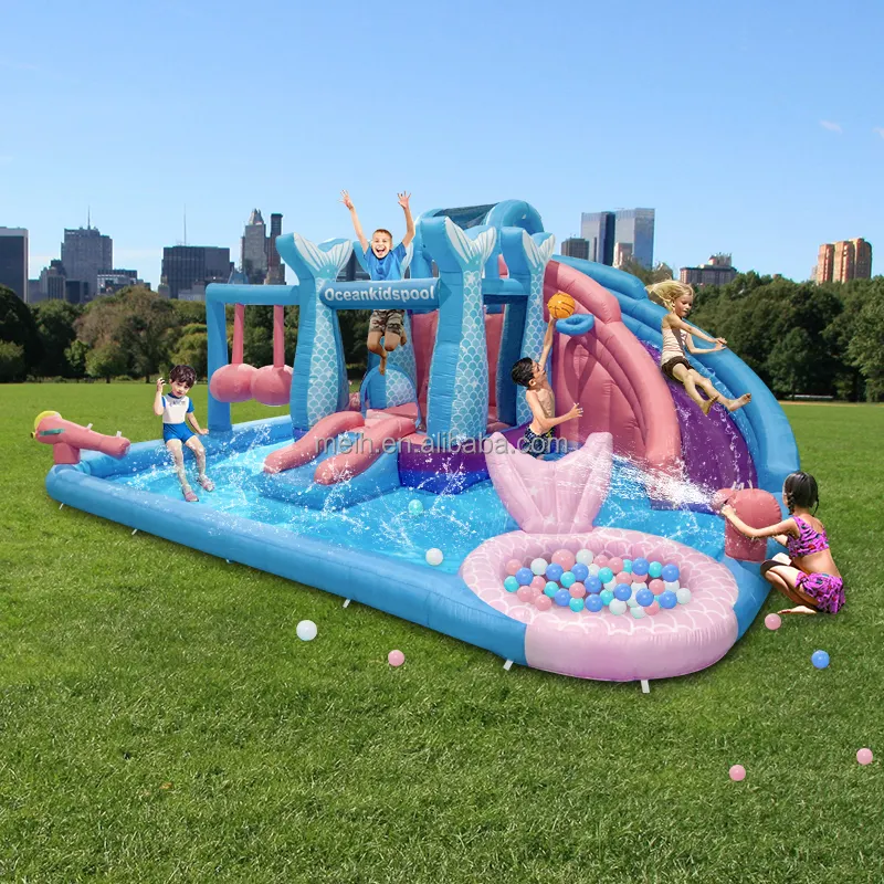Neues Design Deluxe Outdoor Fun Meerjungfrau Aufblasbare Wasser rutsche Splash Pool Park Bälle Hochleistungs-Nylon Bounce House Kletterwand