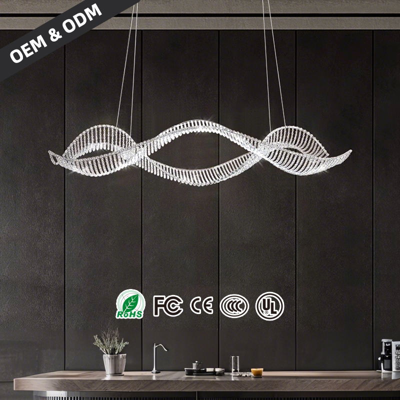 Dining Room Chandelier Luxury Stainless Steel Crystal LED Pendant Lamp Warm White Light Long Bar Wave Kitchen Chandelier