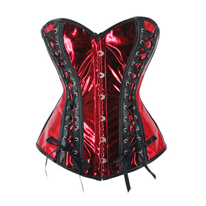 Corsetto Bustier Steampunk per Donne, <span class=keywords><strong>Sexy</strong></span> Top Rosso con Lacci Frontali, Corsetto Traspirante in Finta Pelle Metallizzata e Raso - Product Image 4