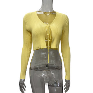 Nouveau Cardigan Court en Maille Fine à Col en V et Lacets, Style Européen et Américain, Sexy, pour <span class=keywords><strong>Femme</strong></span>, Collection Printemps-Automne 26 - Product Image 3