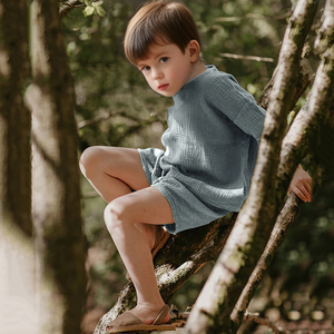 Set di abbigliamento per bambini in cotone di lino 2 pezzi all'ingrosso per bambini e bambine completi in tinta unita Set corti Set di vestiti estivi per bambini - Product Image 5