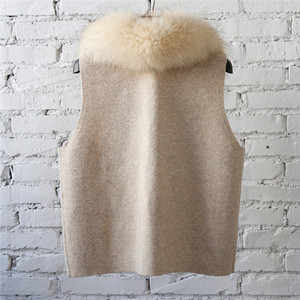 Tyan Wholesale New Design Spring Autumn Navy Blue Knit Wool <strong>Sleeveless</strong> <strong>Coat</strong> With Raccoon Fur Collar Custom Pure Wool Vest <strong>Women</strong> - Product Image 4