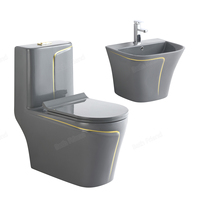 WC Sanitaire Moderne Doré à Poser au Sol avec Siphon en P, Ensemble Lavabo et Cuvette de Toilettes en Céramique Grise, 1 Pièce