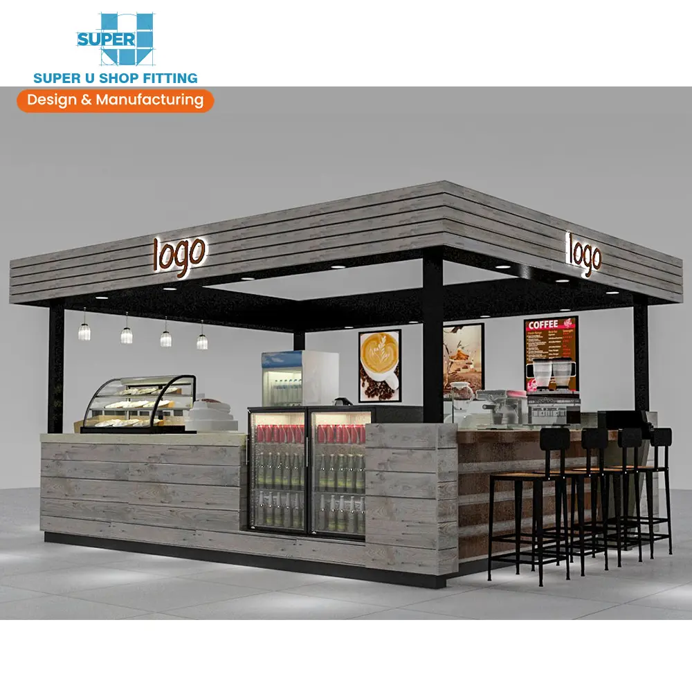 Modern Coffee Kiosk Design Custom Design Shopping Mall Cafe Shop Display Wooden 3D Max Coffee Shop Kiosk Design