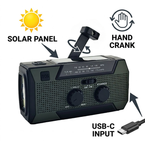 Radio à manivelle d'urgence pour les aventures en plein air, batterie 5000 mAh, panneau solaire, manivelle manuelle, lampe de lecture LED USB-C, sirène SOS, plastique ABS - Product Image 3