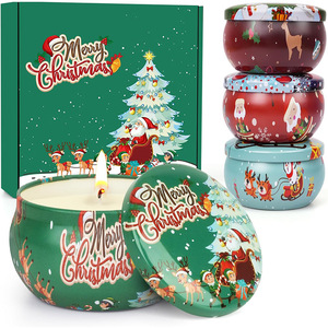 Juego de Regalo de Velas Aromáticas en Lata con Diseño Navideño de Dibujos Animados, Paquete de 4 con Logotipo Personalizado, Impresión de Santa Claus y Reno, Mini Caja de Velas de Cera de Soya para Viaje - Product Image 1