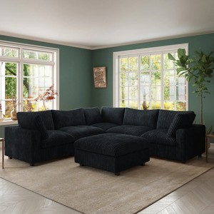 NOVA Black Velvet Fabric Cloud Couch Living Room L Shaped Corner Sectional <b>Sofas</b> With Ottoman Modern Apartment Living Room - Product Image 1