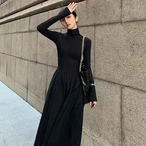 秋のヘップバーンスタイルの女性のドレスハイウエストエレガントなブラックミディドレスファッション韓国のハーフハイカラー長袖Aラインドレス
