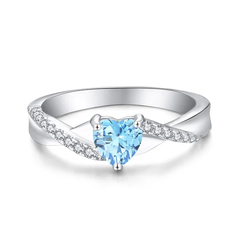 Wholesale Simple Jewelry 925 silver rhodium plated blue cubic zircon wedding rings with 5mm heart aqua for women