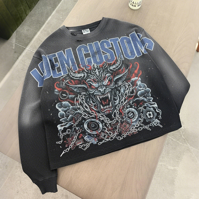 OEM Custom LOGO Distressed Digital Printing Print Heavyweight Streetwear 400 GSM Pullover Men's Crew Neck Sweatshirt