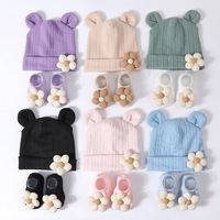 Conjunto de Gorro y Calcetines de Algodón y Poliéster con Diseño Floral de Color Sólido Unisex para Bebés de 0 a 12 Meses, Gorro para Recién Nacidos para las Cuatro Estaciones