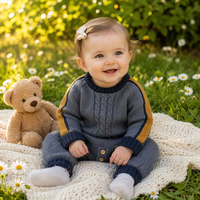 Combinaison tricotée pour bébé à manches longues, tricot torsadé, rayures raglan, vert sauge, bleu ardoise, combinaison d'hiver, boutons en bois, OEM ODM