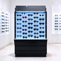 Présentoir à lunettes moderne noir et bleu avec panneau arrière en verre, étagères et base noire, certifié CE ETL pour magasin d'optique