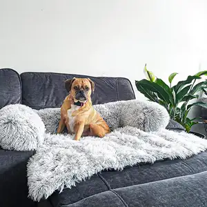 Çıkarılabilir yıkanabilir kapak peluş kulübesi battaniye çift kullanımlı rahat Pet kanepe tüylü yatak lüks toptan sakinleştirici köpek yatakları