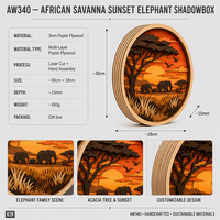 Boîte à souvenirs personnalisée : Coucher de soleil sur la savane africaine avec éléphant |   Scène de faune en bois d'acacia découpé au laser en contreplaqué de peuplier multicouche