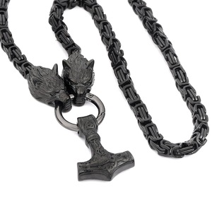 Collar con colgante de acero inoxidable para hombre, joyería de amuleto nórdico celta, martillo de Thor, cabeza de Lobo negro vikingo - Product Image 2