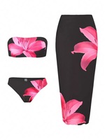 Trajes de Baño de 3 Piezas para Mujer con Logotipo Personalizado del Fabricante, Conjunto de Bikini con Estampado Floral, Top Bandeau y Falda de Playa Transparente 2026