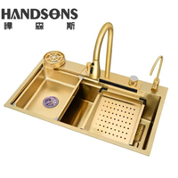 Cuisine rectangulaire moderne faite à la main cascade intelligente en acier inoxydable doré poli robinet de cuisine SUS double cuvette deux trous