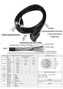 Fourniture directe d'usine <span class=keywords><strong>USB</strong></span> 3.0 mâle <span class=keywords><strong>femelle</strong></span> câble d'extension étanche PVC veste tresse voiture montage tableau de bord affleurant Scanner câbles de données - Product Image 6