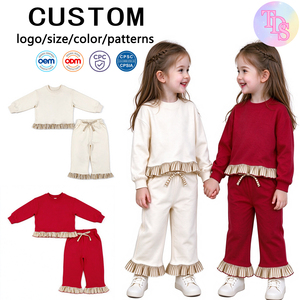 Ensemble de survêtement RTS en coton épais de couleur unie pour petites filles, sweat-shirt à manches longues et leggings, tenue décontractée 2 pièces, faible MOQ - Product Image 1