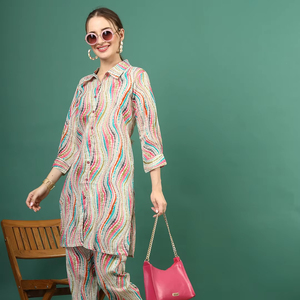 ชุดคุर्ติสผู้หญิง Rama Kurtis สำหรับฤดูร้อน แบบลำลอง 2 ชิ้น ความยาวระดับเข่า แขนยาว ลายดอกไม้ ทรงเอไลน์ ผ้าฝ้ายผสมโพลีเอสเตอร์ ชุดคุर्ติและกางเกงขายาว - Product Image 1