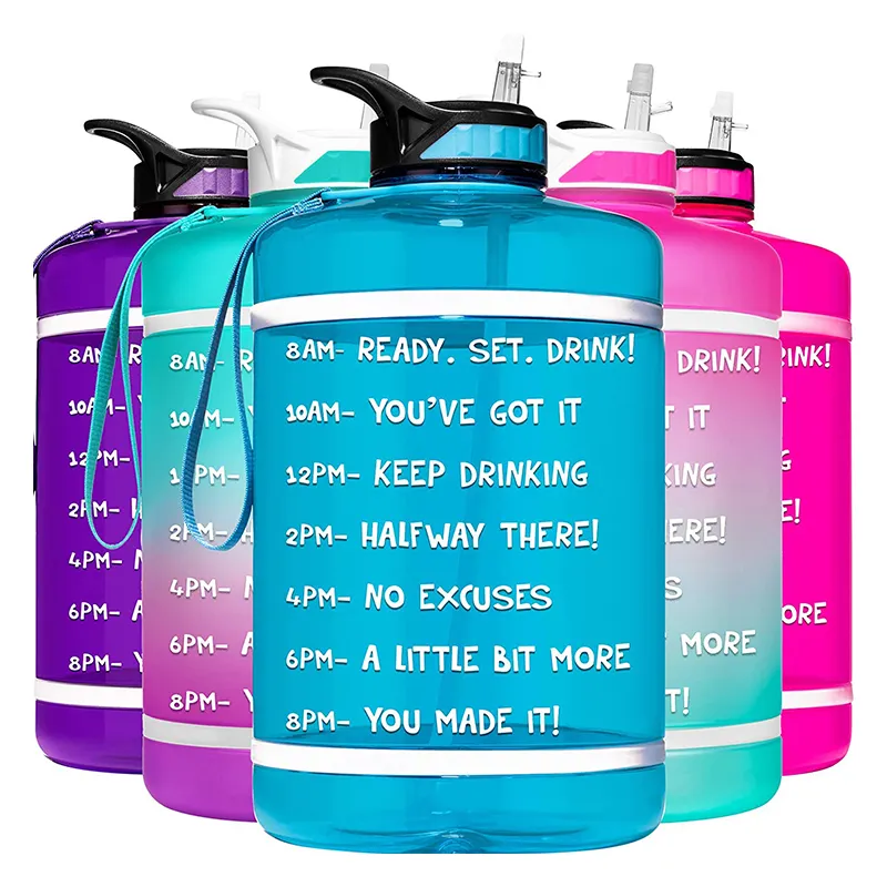 Schlussverkauf tragbare auslaufsichere BPA-freie PETG 1-Gallonen-Motivations-Wasserflaschen für den Fitnessstudio mit Zeitmarkierung und Strohhalm