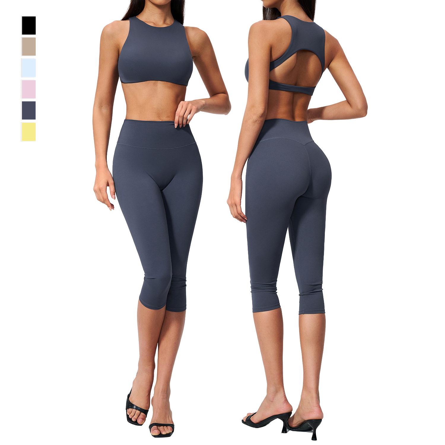 Women Solid Yoga 2-Piece Set Hollow Back Workout Tank Top Elastic High Waist Running Capri Pants Breathable Quick Dry Fitness