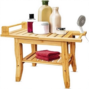 Non-Slip Aid Disability Handle Bamboo Shower Bench Stool Wooden Spa <strong>Seat</strong> 2-Tier <strong>Bathroom</strong> Organizer Shampoo Towel <strong>Storage</strong> Shelf - Product Image 1