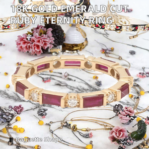 แหวนแต่งงานแบบ Eternity Band สำหรับผู้หญิง ประดับด้วยทับทิมและเพชรทรงบาแกตต์  ฝังแบบ Bezel Setting  ทองคำแท้ 18k  งานสั่งทำพิเศษ - Product Image 4